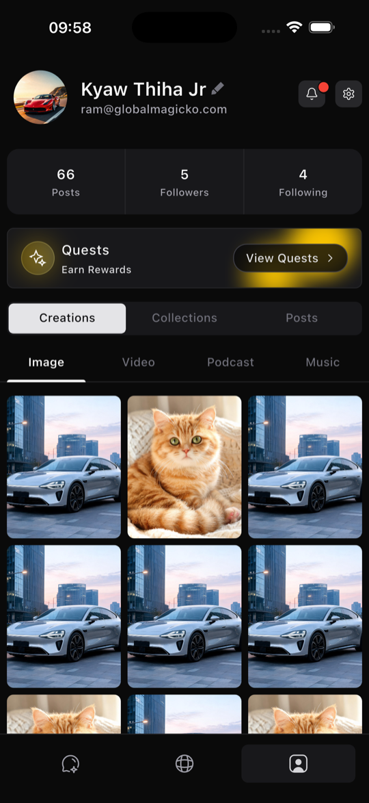 Profile with posts and creations