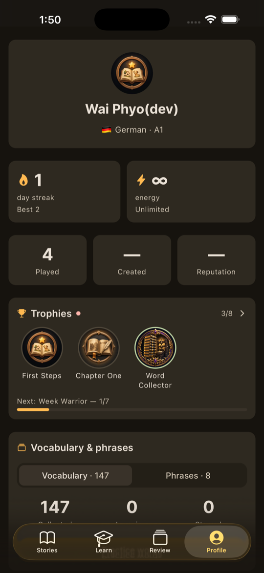 Profile with streak and vocabulary stats