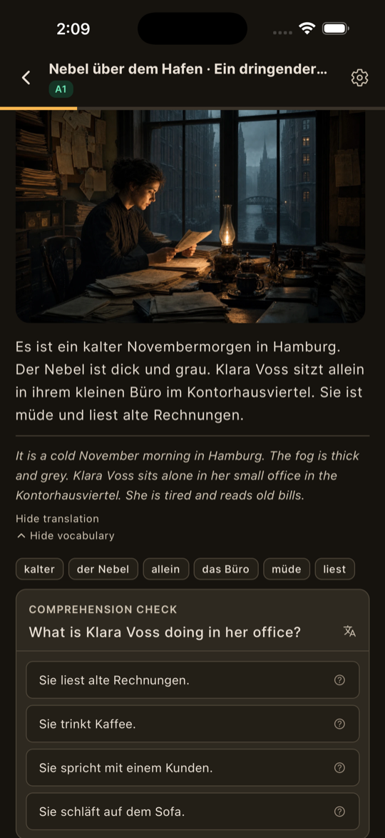 Story scene with tap-to-reveal translation