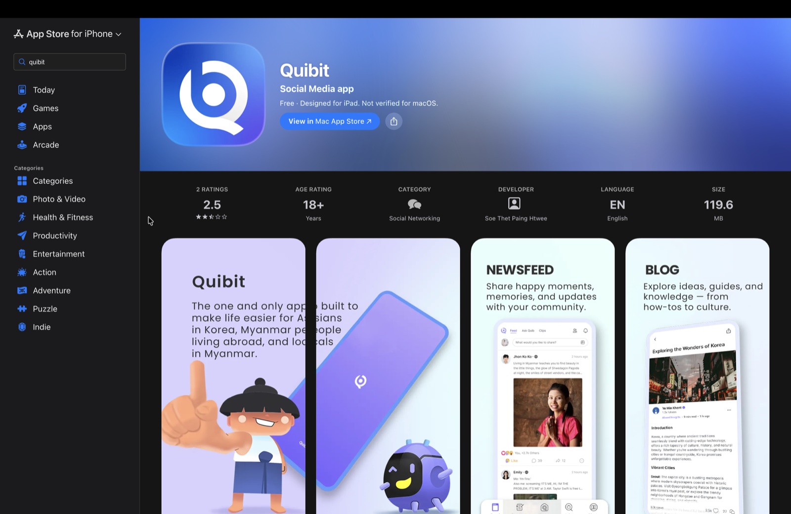 Quibit on the App Store — social networking app for Myanmar communities